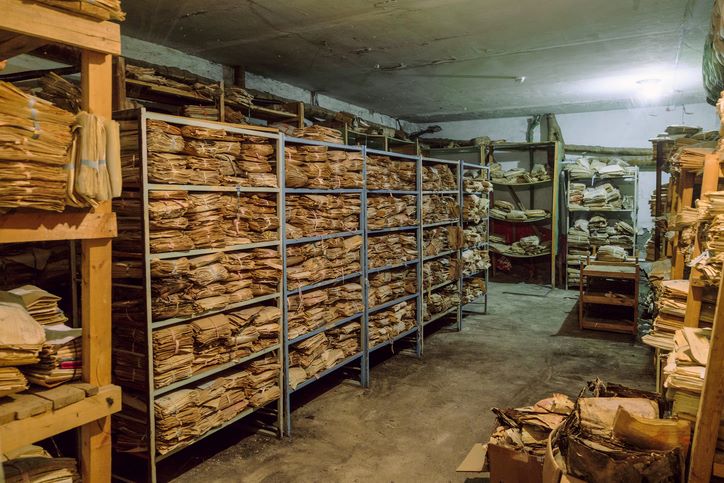 Old files stacked on metal shelves in the basement in Capitola, CA